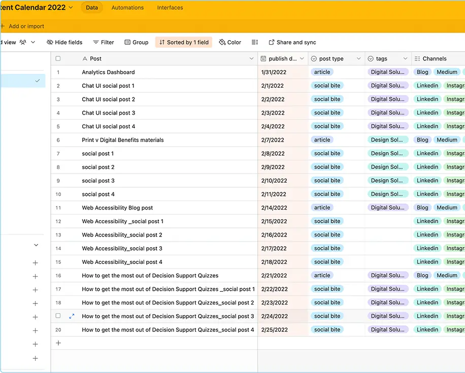 airtable screenshot showing content plan